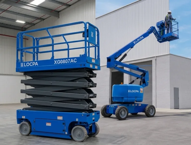 Plataforma tesoura e plataforma articulada da frota LOCPA no pátio, em frente ao galpão.