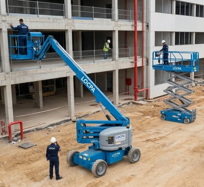 Plataforma articulada e plataforma tesoura em operação em obra de estrutura de concreto.