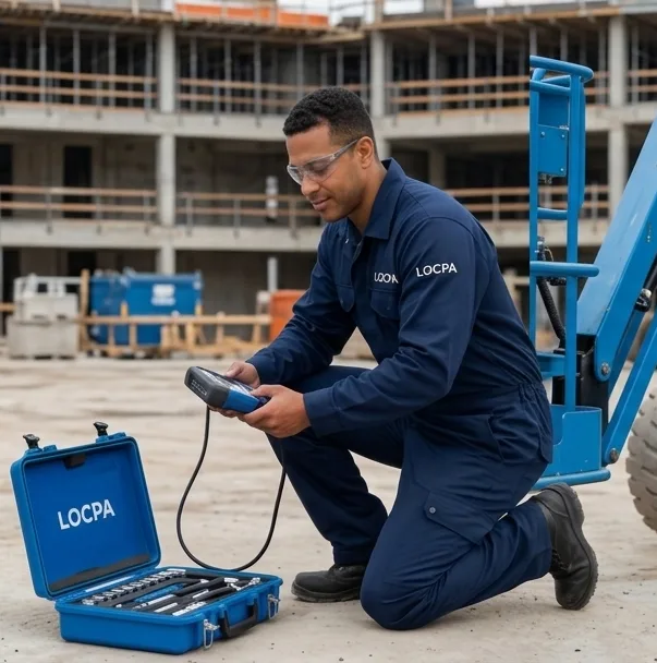 Técnico ajoelhado no canteiro fazendo a checagem de uma plataforma elevatória.